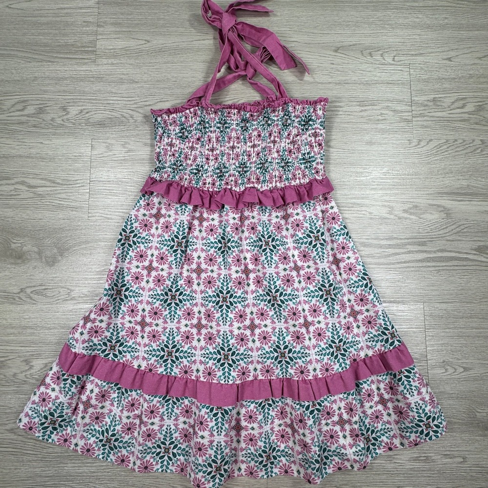 Anthropologie Women Halter Dress Pink Floral Tile Smocked Ruffle Tiered Medium